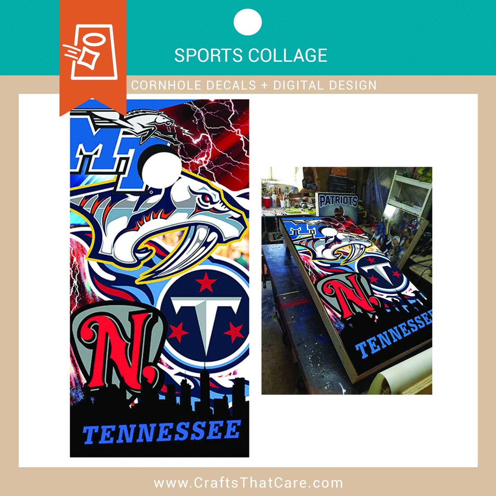 SPORTS | Sports Logo Cornhole Decals, Custom Cornhole Board Designs, Collage Sports Cornhole Wrap, Tailgate Cornhole Board Art, Sports-Themed Cornhole Boards - Image 2