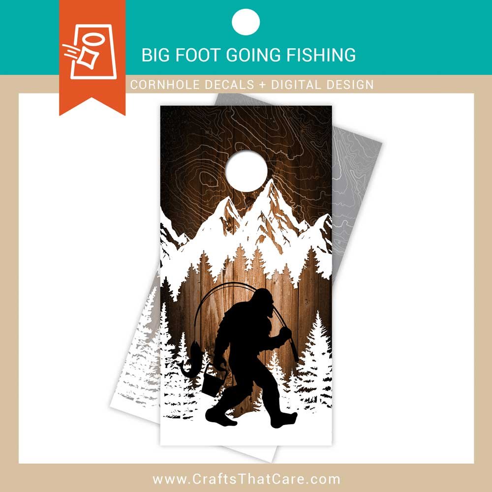 BIG FOOT | Big Foot Goes Fishing, Sasquatch, Legend, Cryptid, Cornhole Board Decals, Outdoor Games, Tailgate