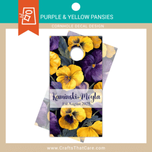 FLOWERS & FLORAL | Custom Purple Yellow Pansy Cornhole Board Decal, Personalized Name Date Floral Vinyl Wrap